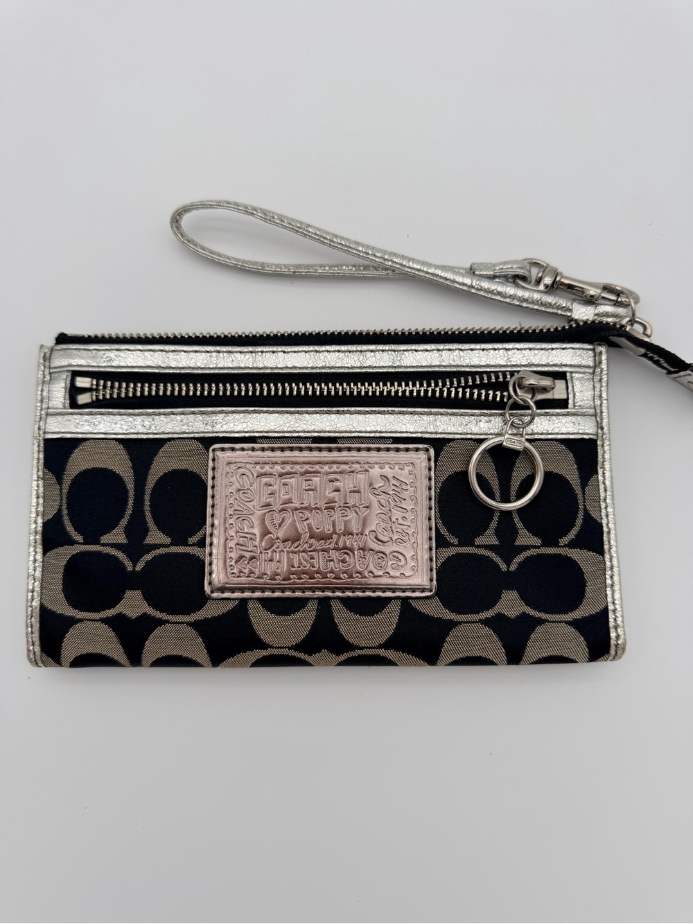 Coach Y2K Poppy Signature Wristlet in Black Silver Gray Metallic Wristlet